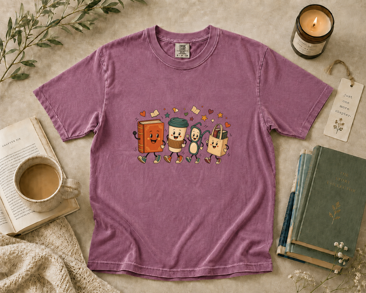 Cute Books and Coffee Characters T-Shirt