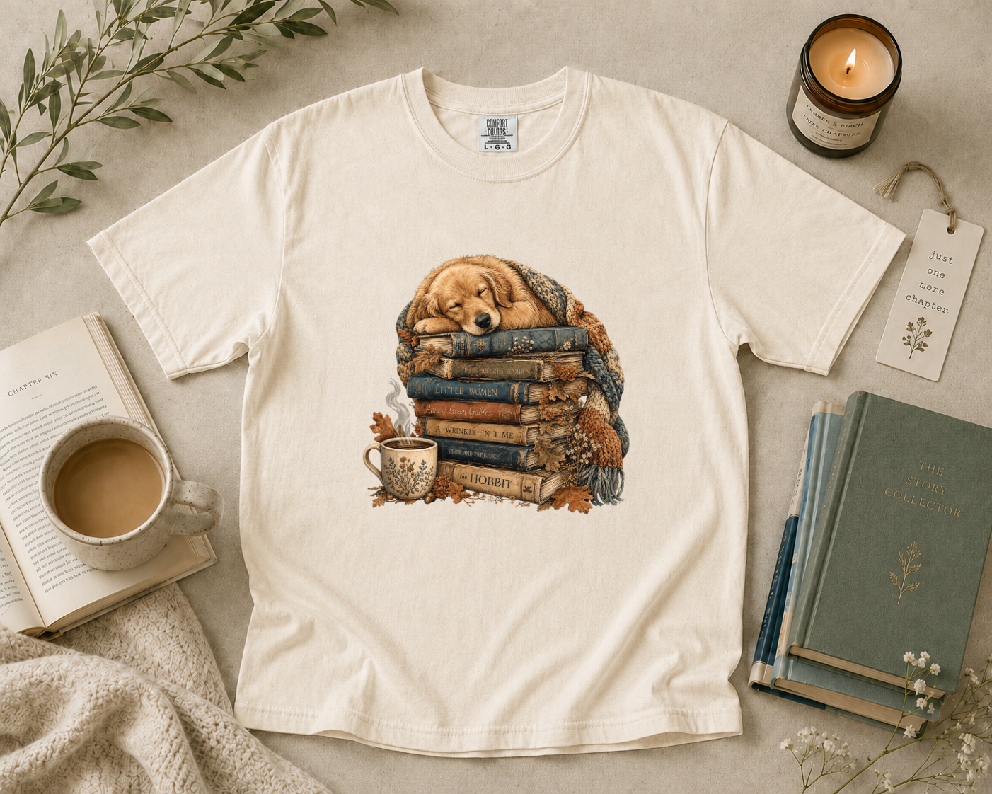 Vintage Golden Retriever Sleeping on Stacked Books T-Shirt