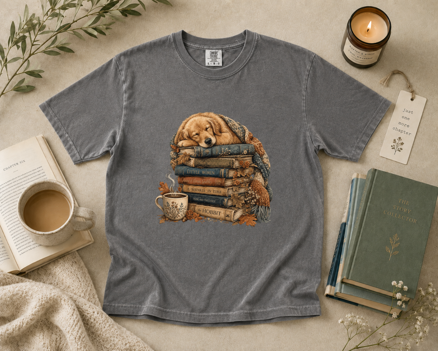 Vintage Golden Retriever Sleeping on Stacked Books T-Shirt