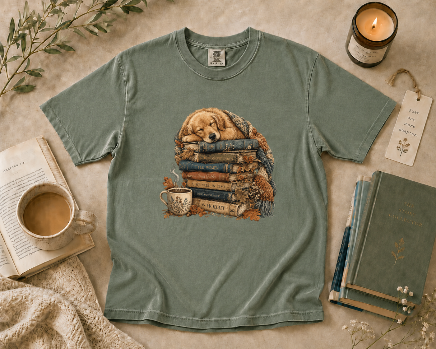 Vintage Golden Retriever Sleeping on Stacked Books T-Shirt