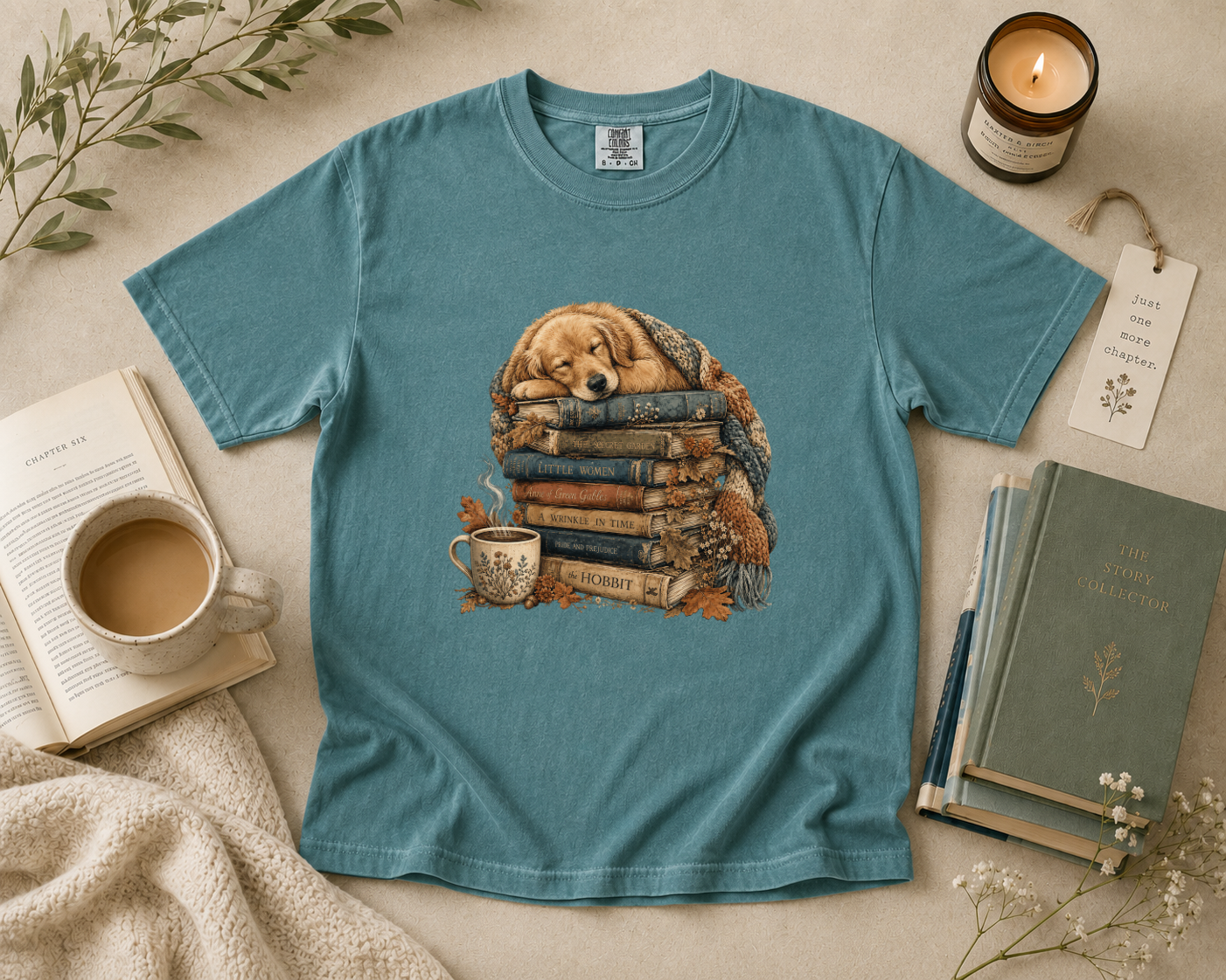 Vintage Golden Retriever Sleeping on Stacked Books T-Shirt