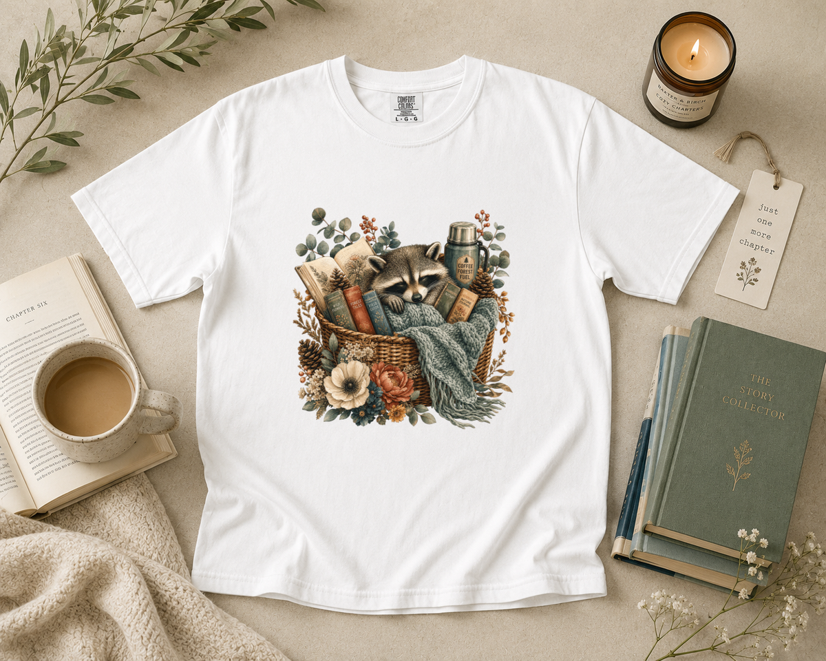 Raccoon Reading Basket T-Shirt