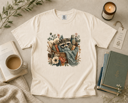 Raccoon Reading Basket T-Shirt