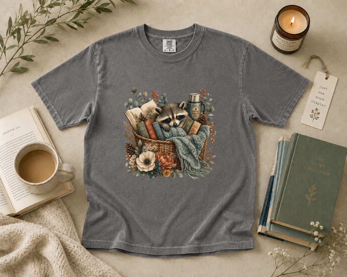 Raccoon Reading Basket T-Shirt