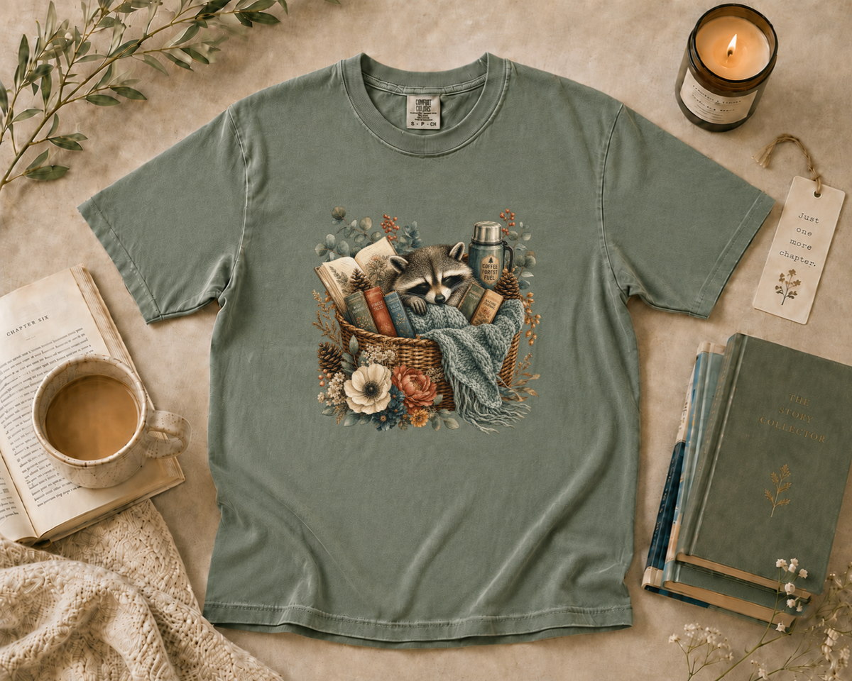 Raccoon Reading Basket T-Shirt