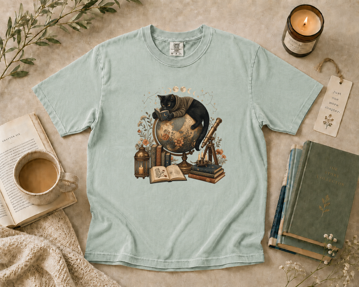 Black Cat Reading on a Globe T-Shirt