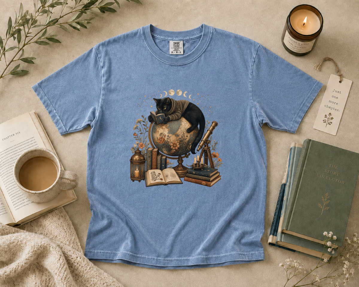 Black Cat Reading on a Globe T-Shirt
