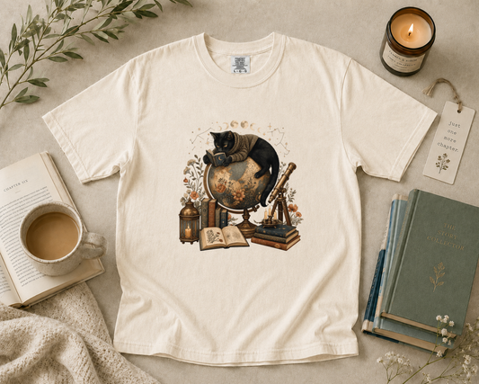 Black Cat Reading on a Globe T-Shirt
