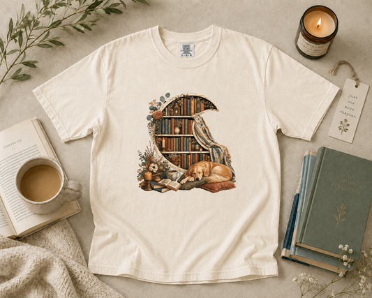 Crescent Bookshelf with Sleeping Dog T-Shirt