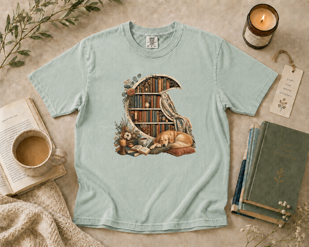 Crescent Bookshelf with Sleeping Dog T-Shirt