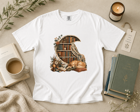 Crescent Bookshelf with Sleeping Dog T-Shirt