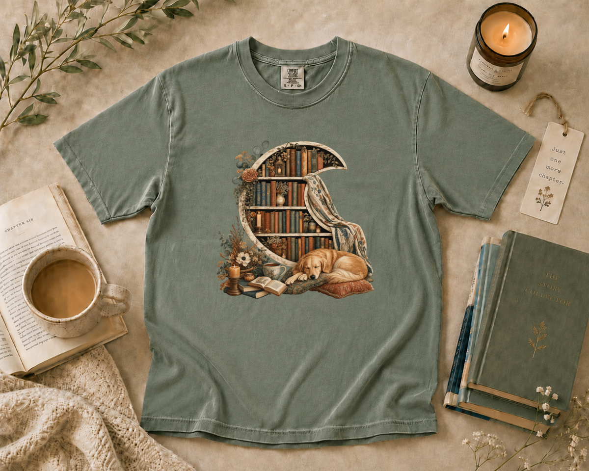 Crescent Bookshelf with Sleeping Dog T-Shirt