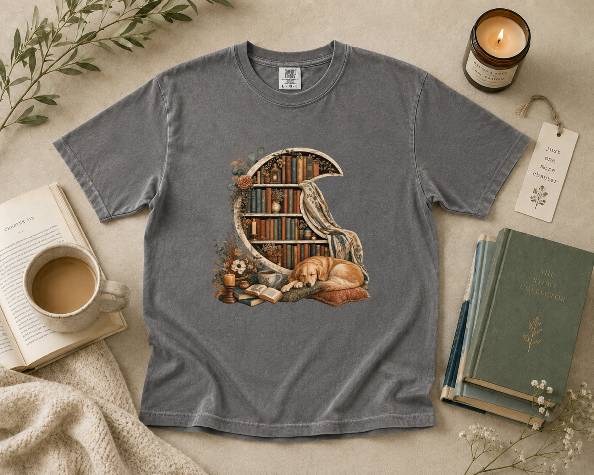 Crescent Bookshelf with Sleeping Dog T-Shirt