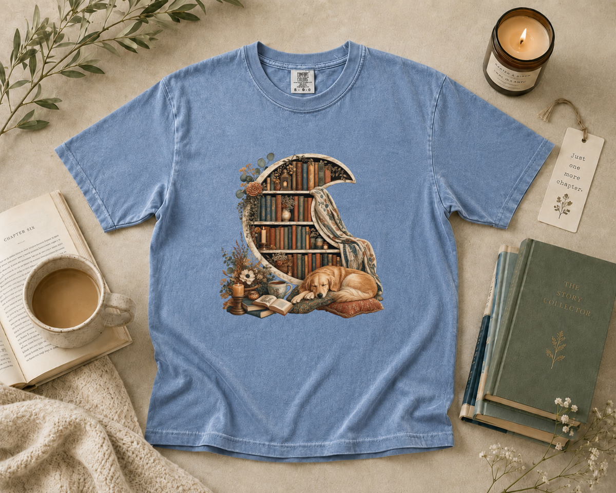 Crescent Bookshelf with Sleeping Dog T-Shirt
