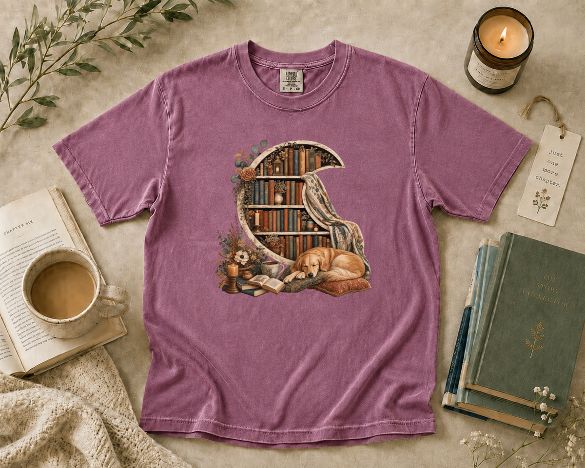 Crescent Bookshelf with Sleeping Dog T-Shirt