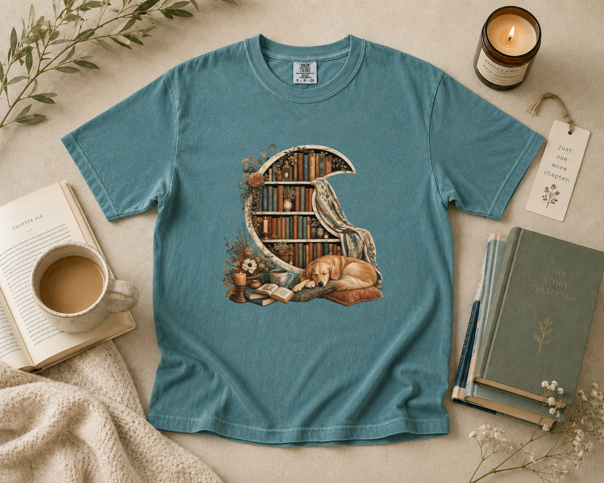 Crescent Bookshelf with Sleeping Dog T-Shirt