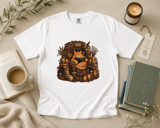 Cozy Orange Cat Reading Books T-Shirt