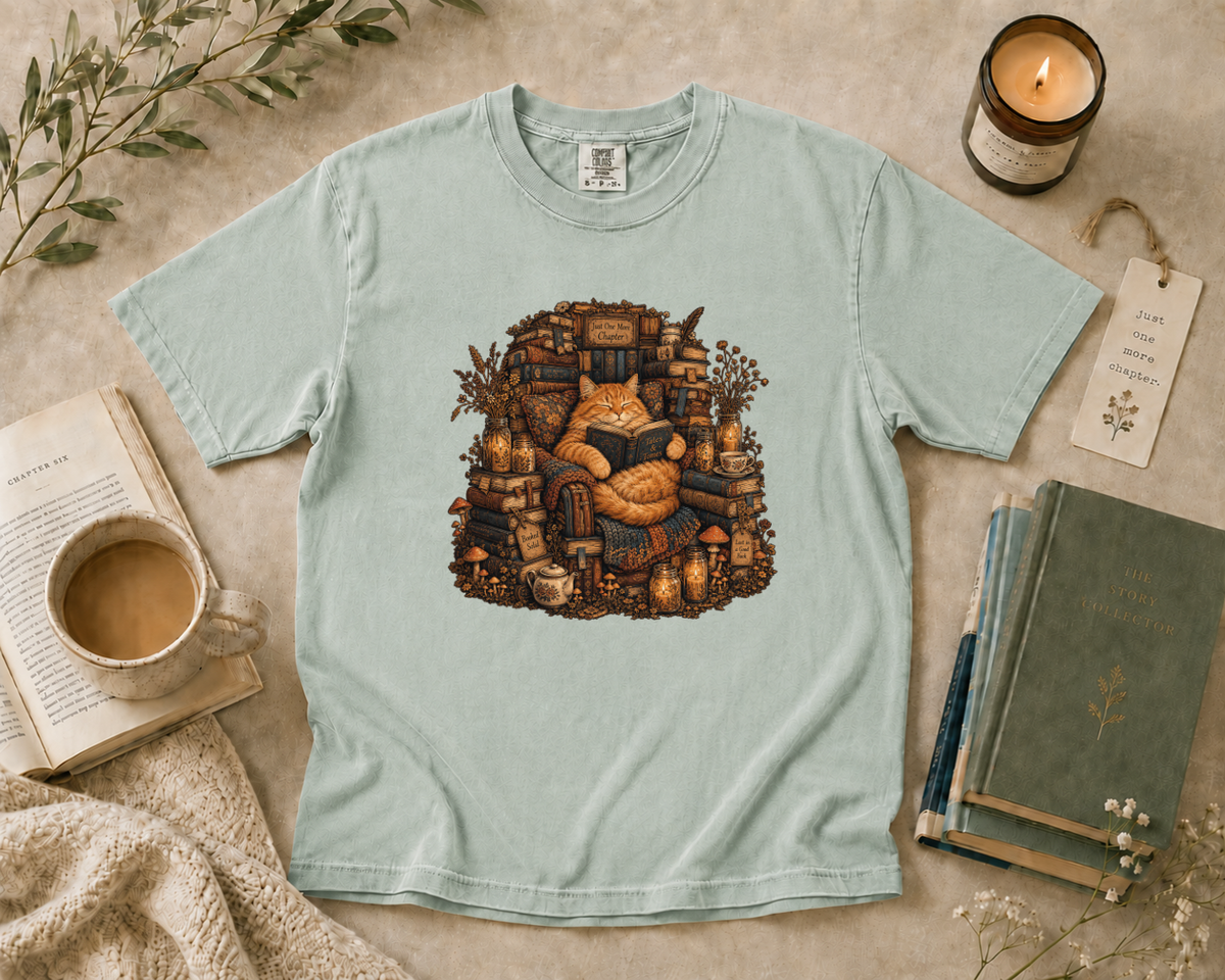 Cozy Orange Cat Reading Books T-Shirt