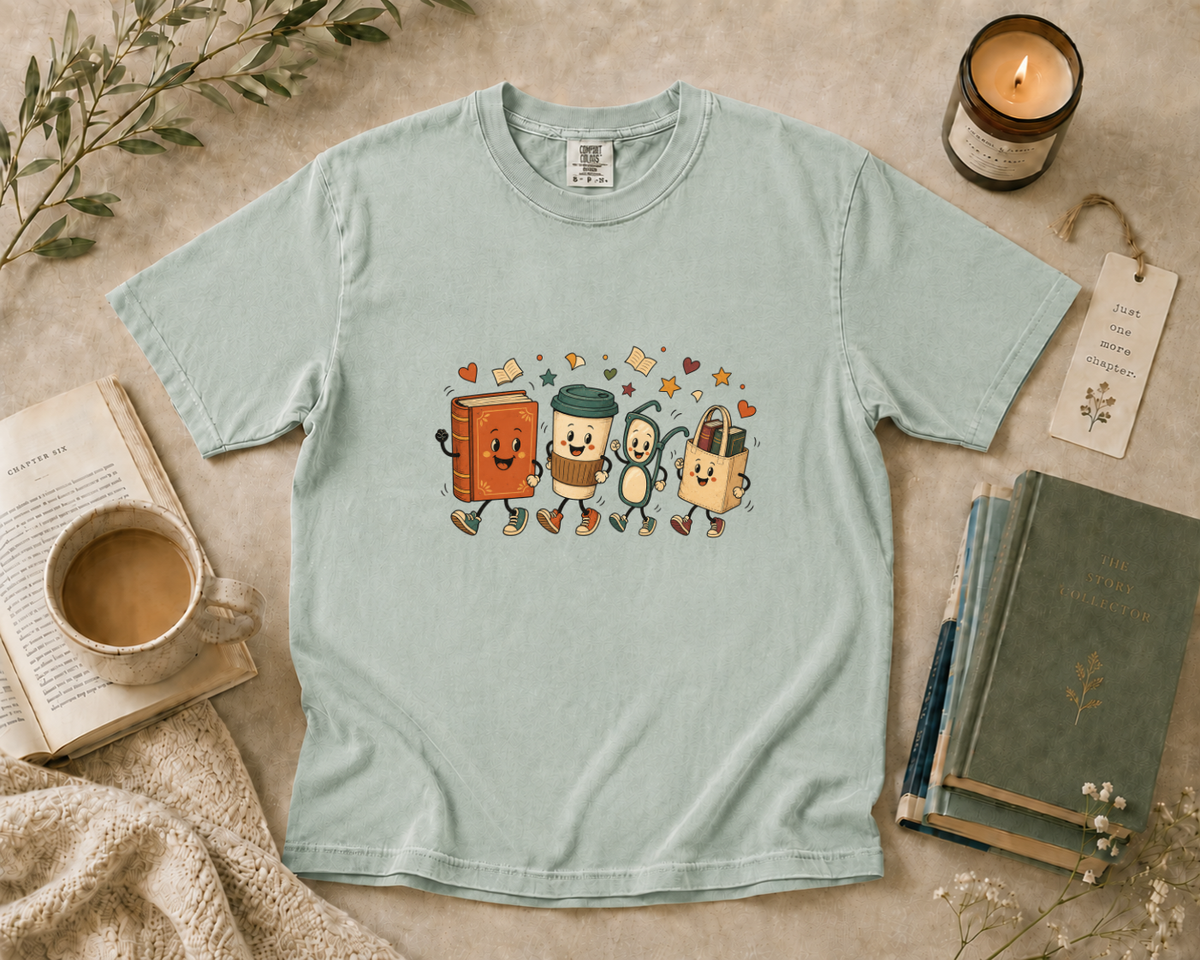 Cute Books and Coffee Characters T-Shirt