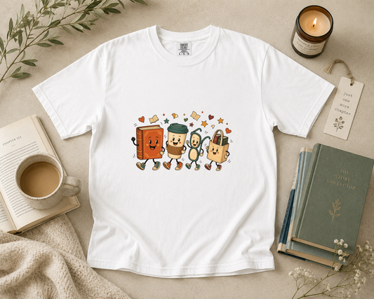 Cute Books and Coffee Characters T-Shirt