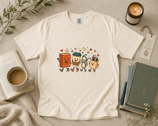 Cute Books and Coffee Characters T-Shirt