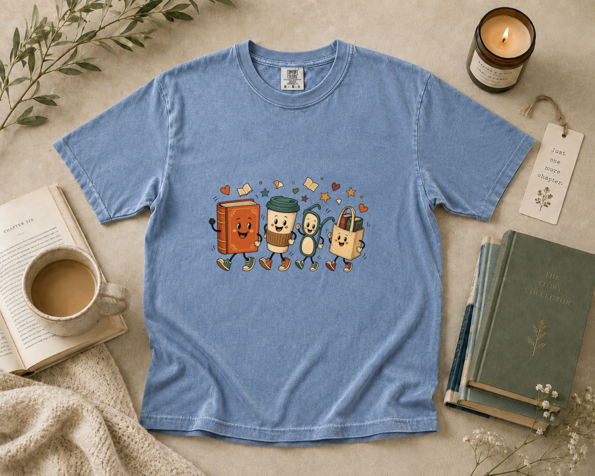Cute Books and Coffee Characters T-Shirt