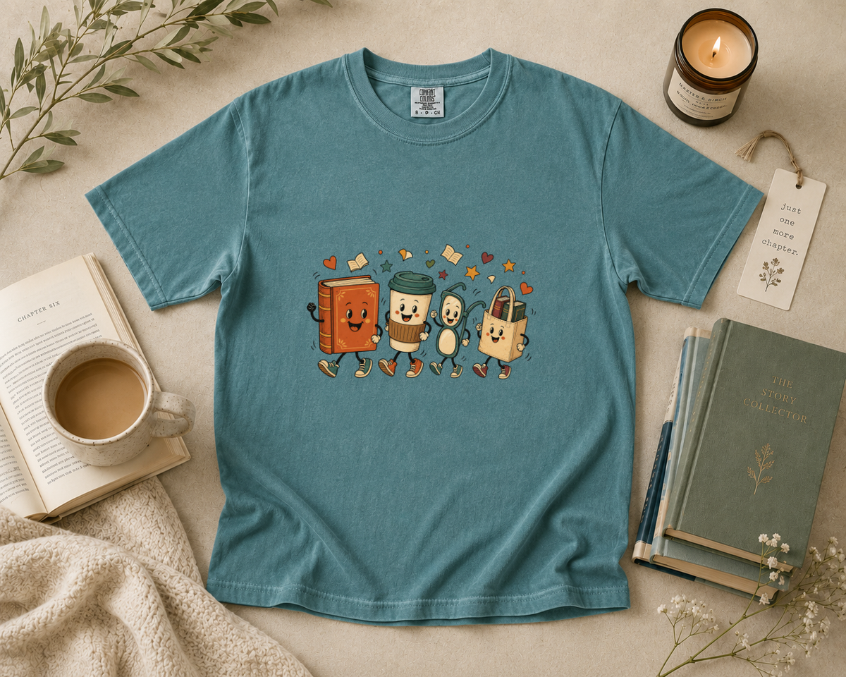 Cute Books and Coffee Characters T-Shirt